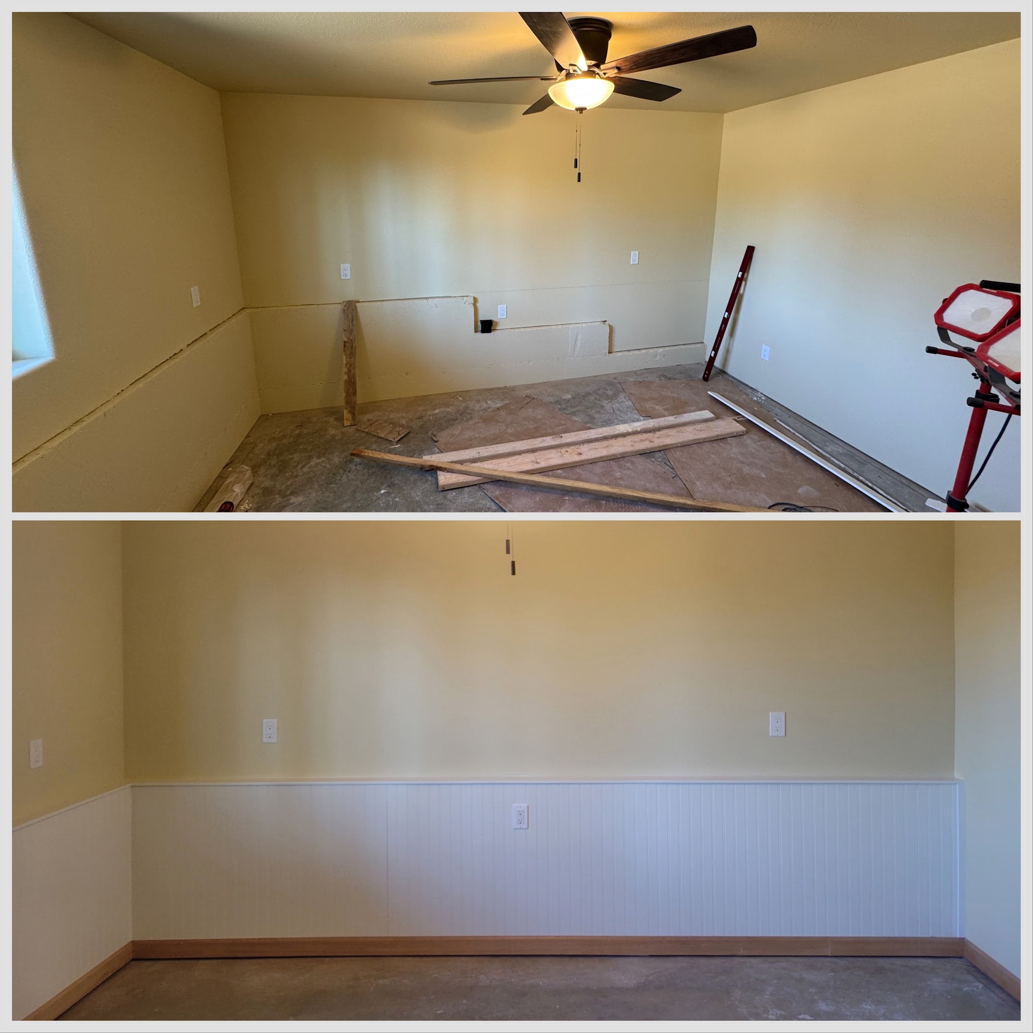 A bedroom before and after a paint and wainscoting remodel